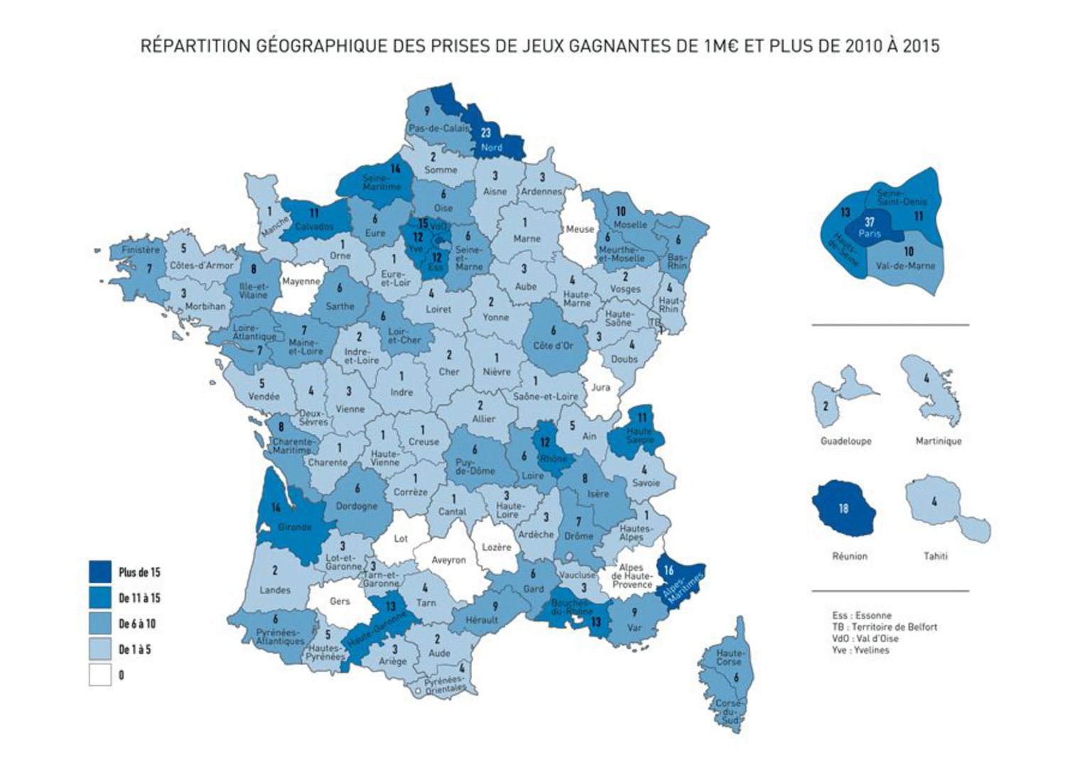 Carte des départements qui gagnent le plus au loto.