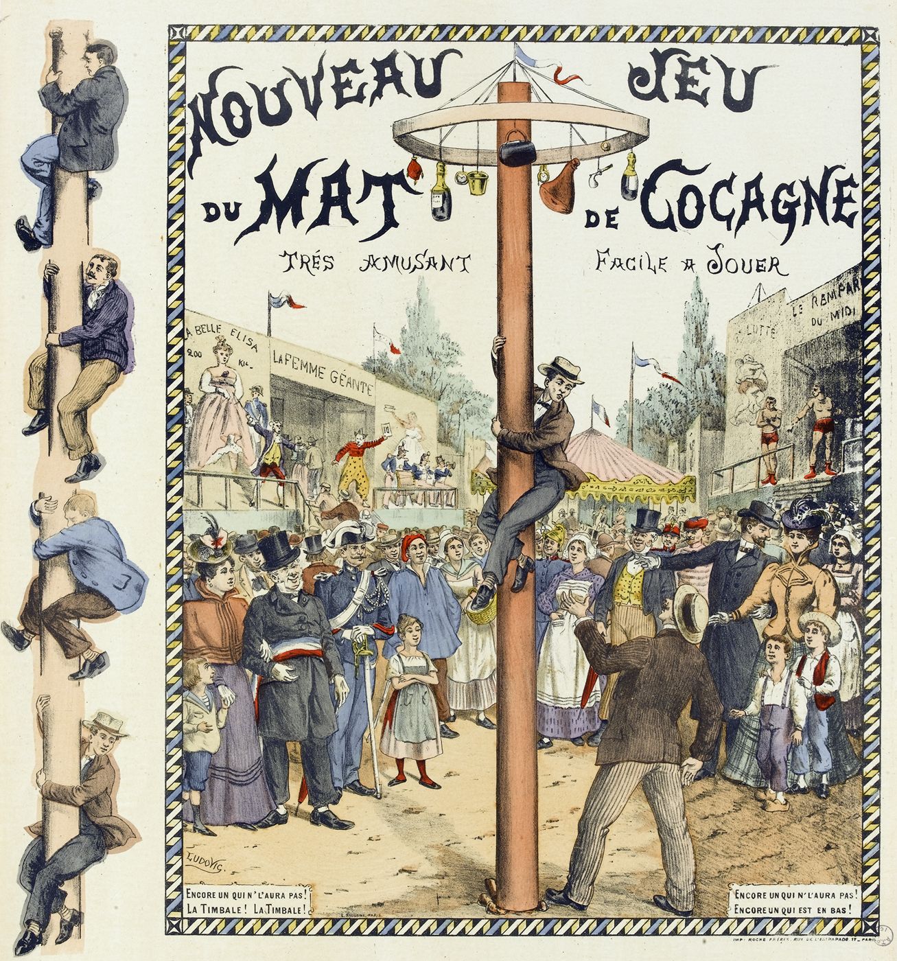 Affiche ancienne promouvant le jeu du mât de cocagne lors d'une fête de village.