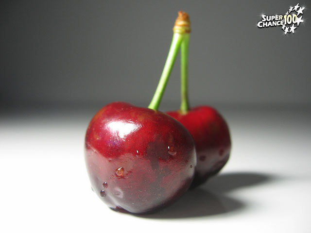 Photographie présentant une paire de cerises.