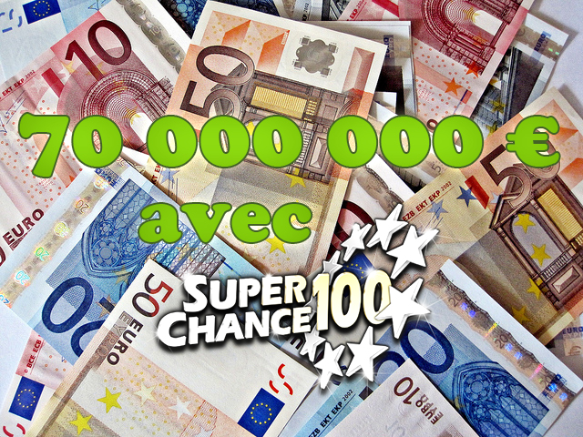 Des billets d'euros en pagaille sous l'inscription 70 millions avec SuperChance100