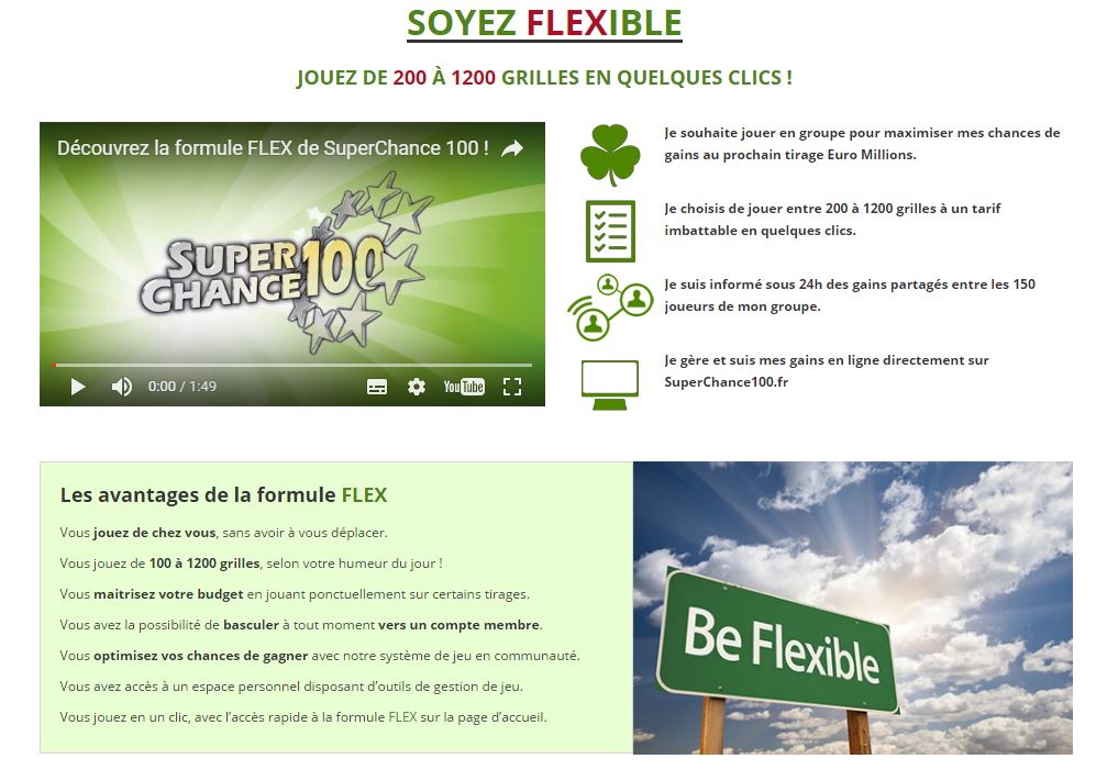 Capture d'écran de la page formule Flex, sur le site SuperChance100.fr