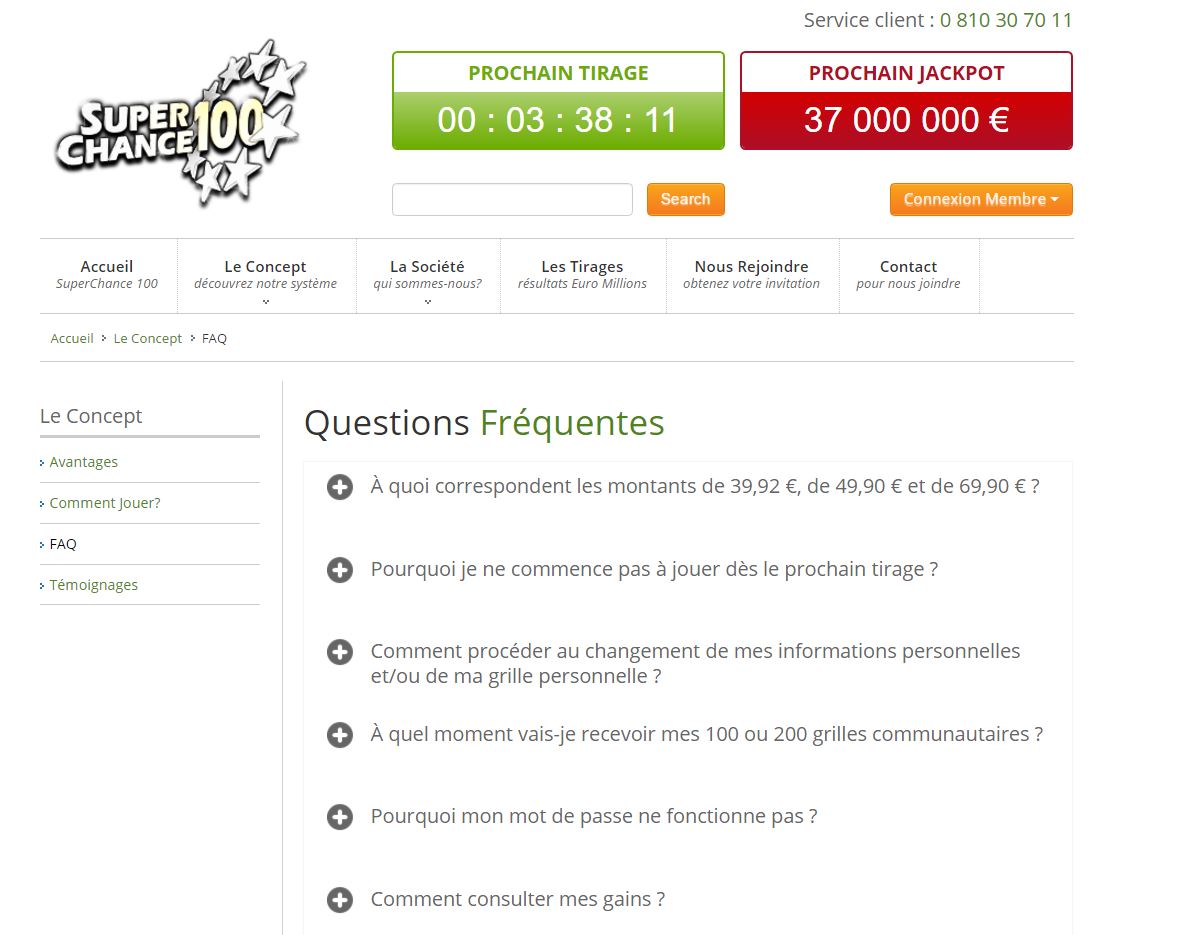 Page FAQ (foire aux questions) de SuperChance100.