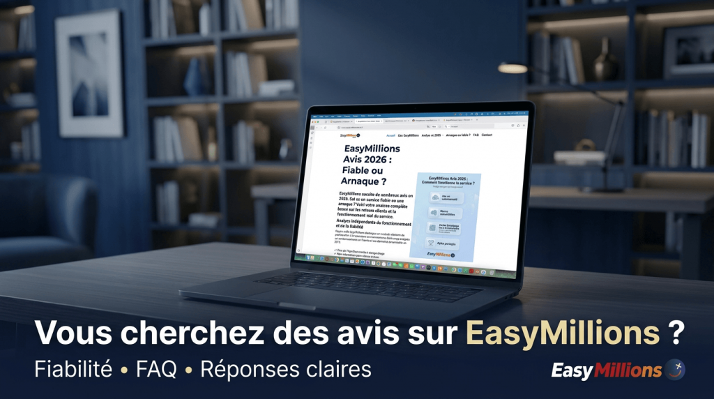 Ordinateur portable affichant le site easymillions-avis.fr avec des avis, FAQ et réponses claires sur EasyMillions